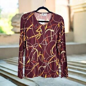Sogni Top Equestrian Print Long Sleeve Burgundy Gold Made in Italy Sz 42 US S-M‎